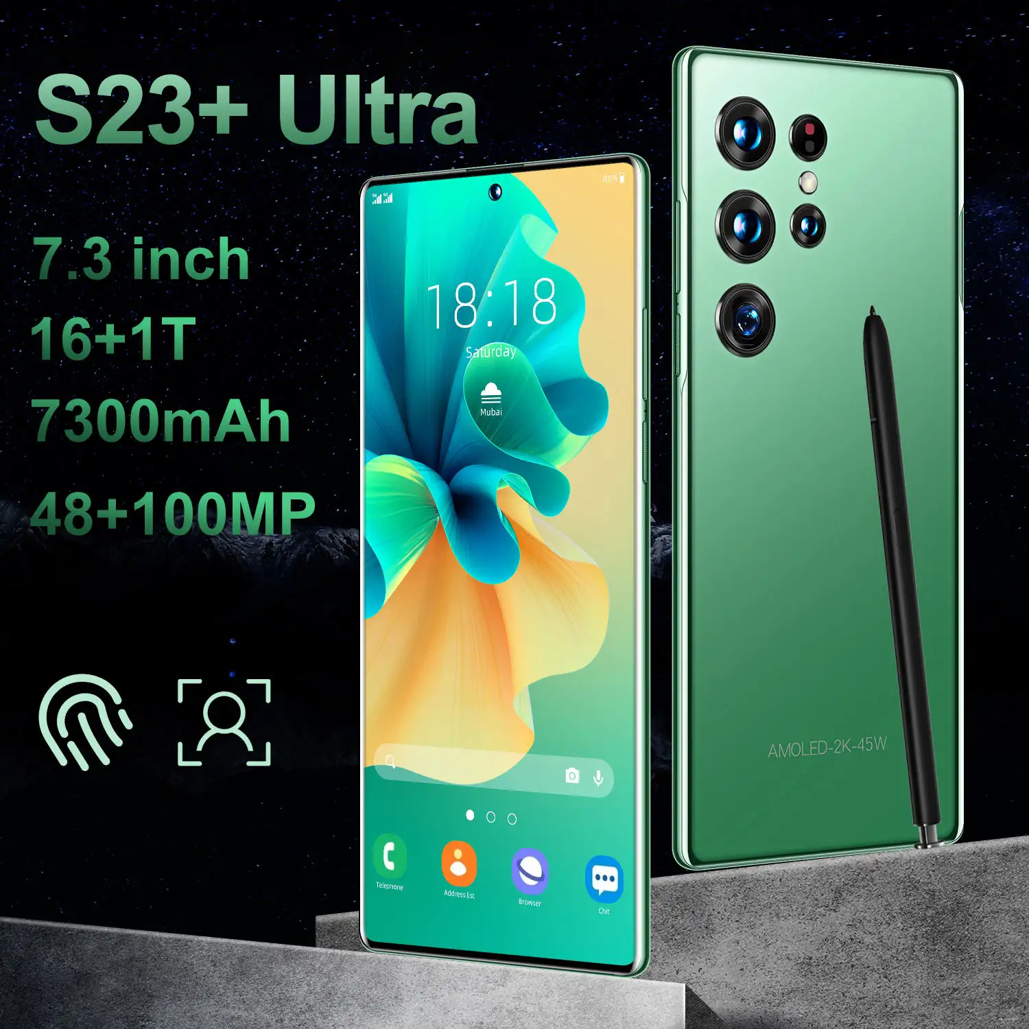 S23ultra โทรศัพท์แอนดรอยด์แฟชั่นชั้นนำหน้าจอใหญ่7.3 "HD แบตเตอรี่ขนาดใหญ่7300mAh 48mp + สมาร์ทโฟนเพื่อความงามแบบ108mp