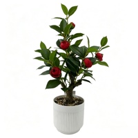 Lebensechte Kunst-Kamelie aus Polyester mit Echtem Gefühl, Topfpflanze mit Roten Knospen, Bonsai-Baum für den Tisch, Modern und Umweltfreundlich