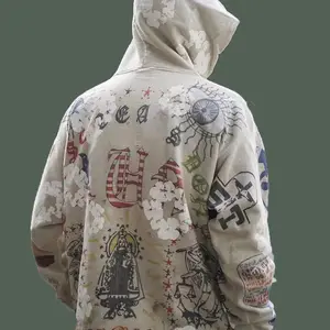 ユニセックスヴィンテージパーカー手描きの落書き破れたパーカーメンズウォッシュドウェアセーター