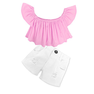 Conjuntos de Ropa Exclusivos para Niñas Pequeñas: Chaqueta Rosa de Mezclilla con Hombros Descubiertos + Pantalones Cortos Blancos para Verano - Product Image 1