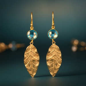 Pendientes Largos con Diseño de Hoja Chapados en Oro Vintage, con Piedra de Cuarzo Azul Claro, para Bodas y Fiestas - Product Image 3