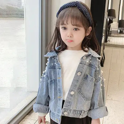 Jaket Denim Lengan Panjang Anak Perempuan, Jaket Denim Manik-manik untuk Anak Perempuan