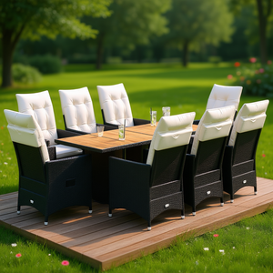 Ensemble de salle à manger de jardin noir et blanc crème 8 places en rotin, mobilier d'extérieur, table en teck, design contemporain, résistant aux intempéries - Product Image 2