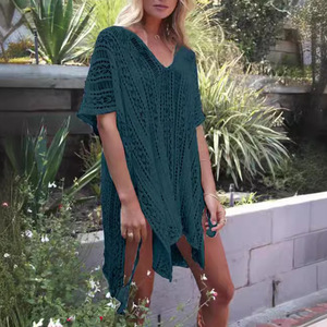 Bikini de una sola manga con cuello en V para vacaciones, tipo smock, con diseño calado y flores, abrigo playero estampado, suelto, largo, tipo jersey, 100% poliéster, transpirable. - Product Image 5