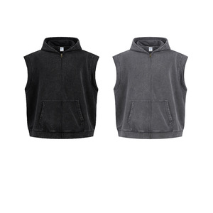 Gilet Vintage Unisex Senza Maniche con Cappuccio 400GSM Pesante, Zip, Bordo Grezzo, Effetto Invecchiato, Lavaggio Neve, Cotone, Stampa <span class=keywords><strong>Canguro</strong></span> - Product Image 2