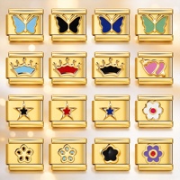 Nouveaux charms de bracelet italiens en émail coloré et adorables, perles de bracelet en acier inoxydable à base dorée avec motifs papillon, couronne, étoile et floraux