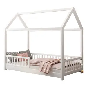 Girls Bedroom Pine Wood Kids White Bed With Barrier