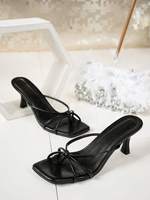 Sepatu Sandal Wanita Hak Kitten Hitam Model Square Toe Strappy Mule Heels Slip-On Elegan untuk Pesta