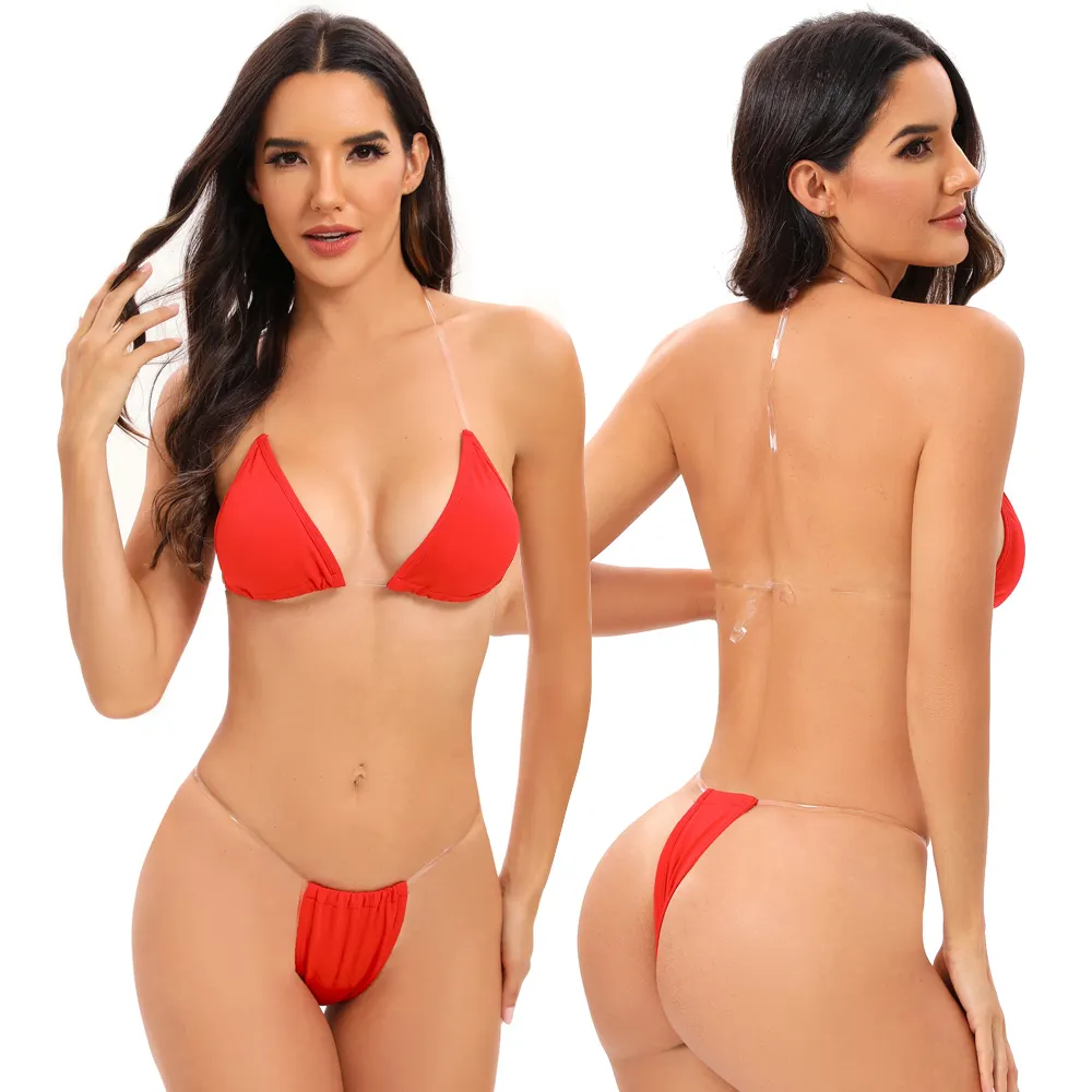Kadınlar için şeffaf dize mayo push up mayo mikro seksi kırmızı tanga bikini seti mayo Beachwear kızlar bikini
