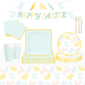 DAMAI Easter Party Theme Decor Bulk Wholesale Set Green Check Easter Rabbit Paper Plates Tablecloth Party Disposable Tableware - Product Image 1