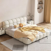 Lit King Size Moderne en Tissu Crème Blanc, Design Épuré, avec Cadre en Bois, Hauteur Réglable, Panneaux en Contreplaqué 180cm, Meuble de Chambre