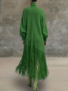 Abito <span class=keywords><strong>in</strong></span> <span class=keywords><strong>Maglia</strong></span> a Collo Alto Verde Smeraldo con Maniche Lunghe e Frange Asimmetriche per Donna, Distribuzione all'Ingrosso - Product Image 2