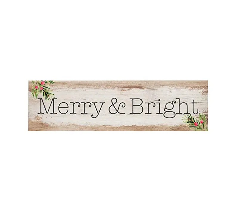 Merry & Bright Christmas Whitewash 6 x 1.5 Wood Tabletop Toothpick Sign