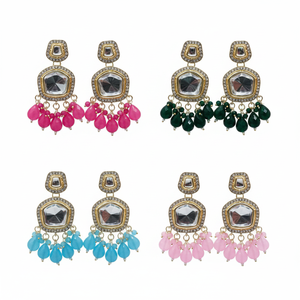 Pendientes colgantes de cuentas y piedra Kundan chapados en oro Accesorio de moda - Product Image 2