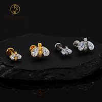 Cincin Labret Titanium Ulir Dalam Model Bee Double Drop CZ Wings, Anting Stud Flat Back untuk Tulang Rawan, Conch, Helix, Piercing Bibir
