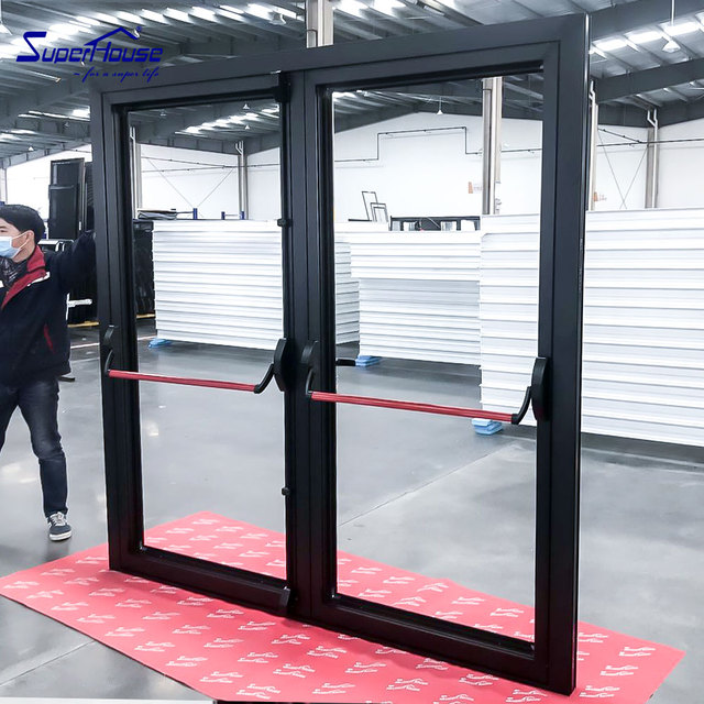 Modern Exterior Waterproof Wrought Iron Aluminum Alloy Glass Panic Door for Hotel Use with Push Bar and Finished Surface
