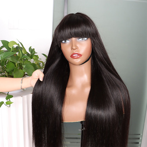 Perruques de <span class=keywords><strong>cheveux</strong></span> humains lisses avec <span class=keywords><strong>frange</strong></span> pour femmes noires, dentelle frontale brésilienne 100% - Product Image 2