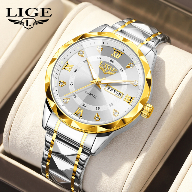 LIGE LG89274 Waterproof Watches for Men Week Date Luxury Analog Roman Numeral Diamond Classics Stainless Steel WristWatch +Box