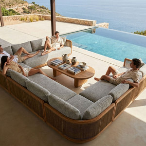 Muebles de Jardín Curvos de Teca Contemporáneos de Alta Gama, Resistentes al Agua, Juego de Sofás Modulares de Olefina para Exteriores, para Villa - Product Image 2
