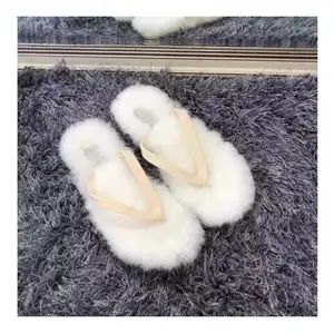 Custom White Orange Sheepskin Fur Slippers Warm Fluffy Furry Real Sheep Fur Slippers Thong Style