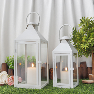 Set di 2 Lanterne <span class=keywords><strong>Portacandele</strong></span> <span class=keywords><strong>in</strong></span> Metallo Bianco per Matrimonio, Antivento con <span class=keywords><strong>Vetro</strong></span> Trasparente - Product Image 3