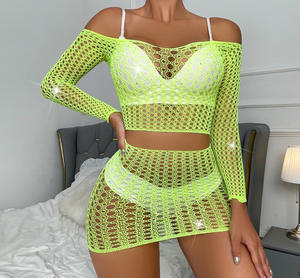 Conjunto de 2 Piezas de Lencería Sexy para Mujer, Top y Panty con Pedrería de Cristal, Vestidos Bodystocking - Product Image 1