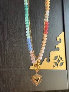 Conjunto de Collar con Colgante de Corazón de Oro y Cuentas de Piedras Preciosas Coloridas, Cadena Cubana de <span class=keywords><strong>Acero</strong></span> <span class=keywords><strong>Inoxidable</strong></span>, Joyería de Playa Resistente al Agua - Product Image 4
