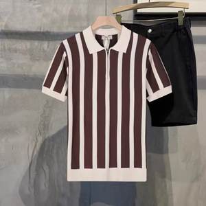 Polo de punto informal a rayas con bloque de color de Cachemira al por mayor, sudadera de manga corta con cremallera de secado rápido para hombre - Product Image 2