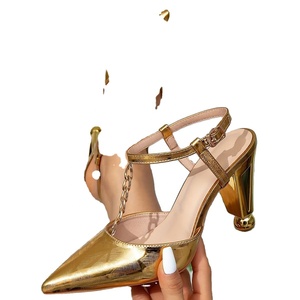 Chaussures à talons hauts pour femmes, style mariée été/hiver, en dentelle dorée, à lacets, bout pointu, résistantes à l'usure - Product Image 1