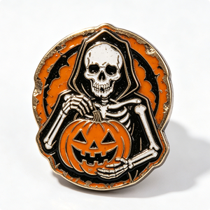 Halloween Skeleton Holding Pumpkin Hard Enamel Metal <b>Pin</b> Gold Plated Irregular Shape Folk Art Collectible - Product Image 1
