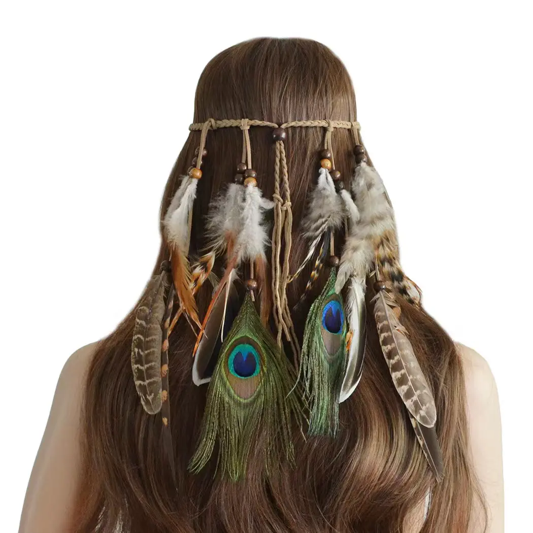 Faux paon plume tête corde chapeau bandes tissé à la main Boho Style chapeaux Hippie Style cheveux accessoires