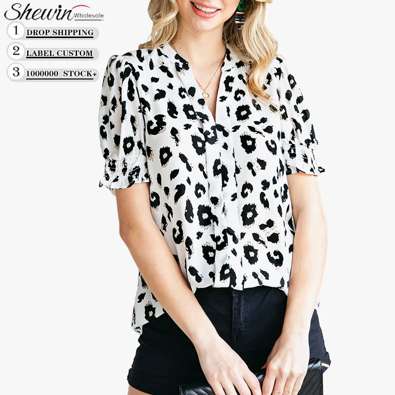 Cheap Summer Fashion Leopard Bubble Sleeve Lady Casual Elegant Blouses For Women
