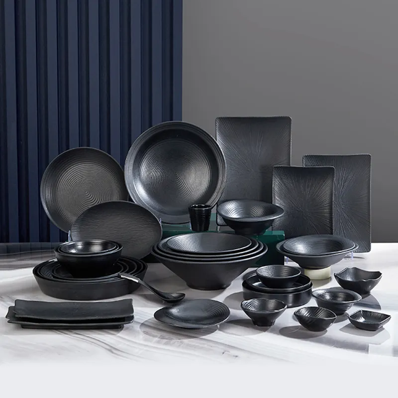 High Quality Black Melamine Tableware Set-Classic round Plate Dish and Bowl for Restaurant or Party Solid Design Stocked