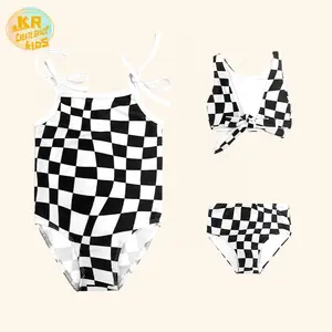 Oem Factory Summer Casual Swimming Plaid Print Girls Swim Suit Custom 7-16 Years Old Teen Child Kids Swimwear