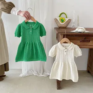 2024 summer wholesale infant baby girls knitted dresses newborn toddler kids solid green beige dress clothes boutiques 880