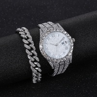 Hip Hop Set Jam Tangan Gelang Quartz Tanggal Dekorasi Berlian Imitasi Tali Baja Tahan Karat Wanita Mewah