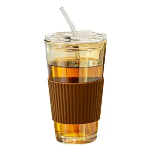 Wholesale New Product Glass bottles Reusable Large-Capacity milk mug 450ml Coffee Glass Cup With Straw And Lid