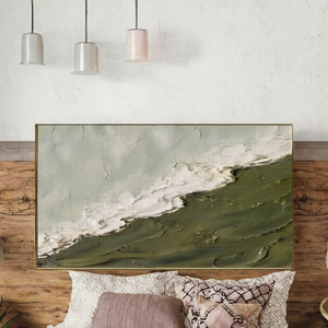Peinture Paysage Marin Minimaliste Originale Faite à la Main, Vert Olive et Blanc, en Plâtre Texturé, sur Toile Épaisse en Mousse, Style Wabi Sabi, <span class=keywords><strong>Roya</strong></span> - Product Image 1
