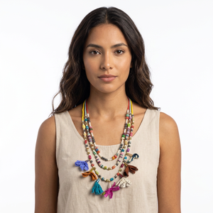 Collar Bohemio con Borlas, Cuentas de Imitación de Perlas Coloridas, Colgantes de Tela Ecológica, Hechos a Mano, Chapados en Oro, Geométricos - Product Image 2