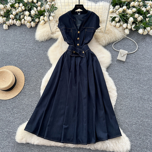 Vestido Vintage con Cuello en V y Botones Metálicos - Vestido sin Mangas Elegante <span class=keywords><strong>de</strong></span> Mezclilla para <span class=keywords><strong>Mujer</strong></span>, <span class=keywords><strong>Vestidos</strong></span> Casuales para <span class=keywords><strong>Mujer</strong></span> - Product Image 1