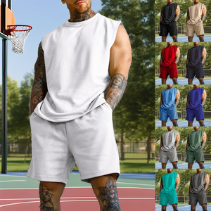 Ensemble deux pièces pour homme, short d'été sans manches en tissu tissé, sport décontracté, couleur unie, respirant - Product Image 2