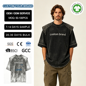 <span class=keywords><strong>Camiseta</strong></span> de Algodón para <span class=keywords><strong>Hombre</strong></span> con Estampado Personalizado, Estilo Oversize, Lavado Ácido, <span class=keywords><strong>Hombreras</strong></span>, Logotipo de Marca Bordado, Tejido Premium y Combinación de Colores - Product Image 1
