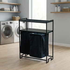 Panier à linge double niveau en métal avec 2 sacs, support de tri non pliable, organisateur de salle de bain moderne - Product Image 4