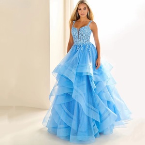 Women's Dark Blue Halter Evening Gown Empire Waist Tiered Ball Gown Formal Dress - Product Image 4