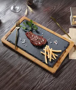 36X24cm Black Slate Stone Trays With Bamboo Steak Plate Cold Tray Serving Tray