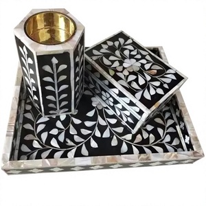 Ensemble de porte-bougies d'aromathérapie en nacre fait main, avec incrustation florale noire et blanche, plateau carré, décoration élégante pour la maison, art Diwali - Product Image 1
