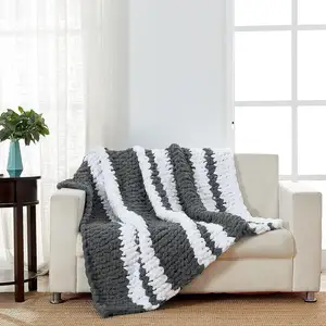 Luxo Home Decor Sofá Jogar Handmade Crochet Knitted Gift Blanket Grey Stripe Chunky Knit Poliéster Thick Yarn Throw Blanket