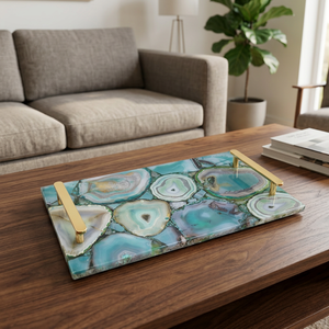 Rectangle <b>Marble</b> Agate Serving <b>Tray</b> With Gold Handles Bohemian Design Handmade Decorative Platter - Product Image 1