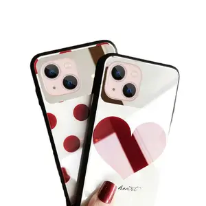 高端Ins风格红点红心玻璃化妆镜街头风格时尚手机壳适合IPhone 15手机壳