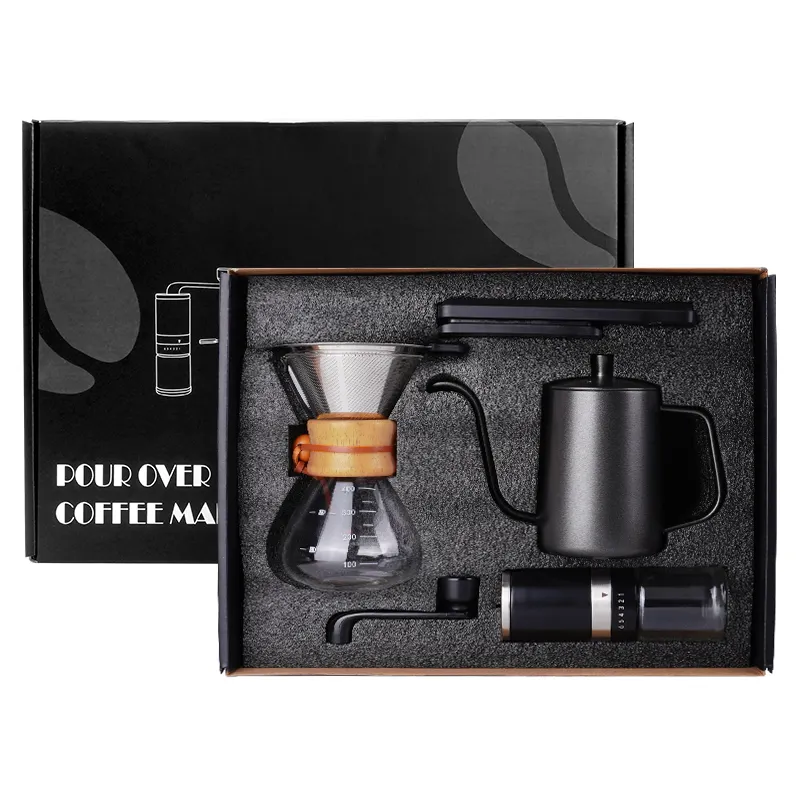Amazon Hot Sale V60 Coffee Maker Set Gift Outdoor Travel Manual Grinder Coffee Drip Pot Kettle Pour Over Coffee Set With Box